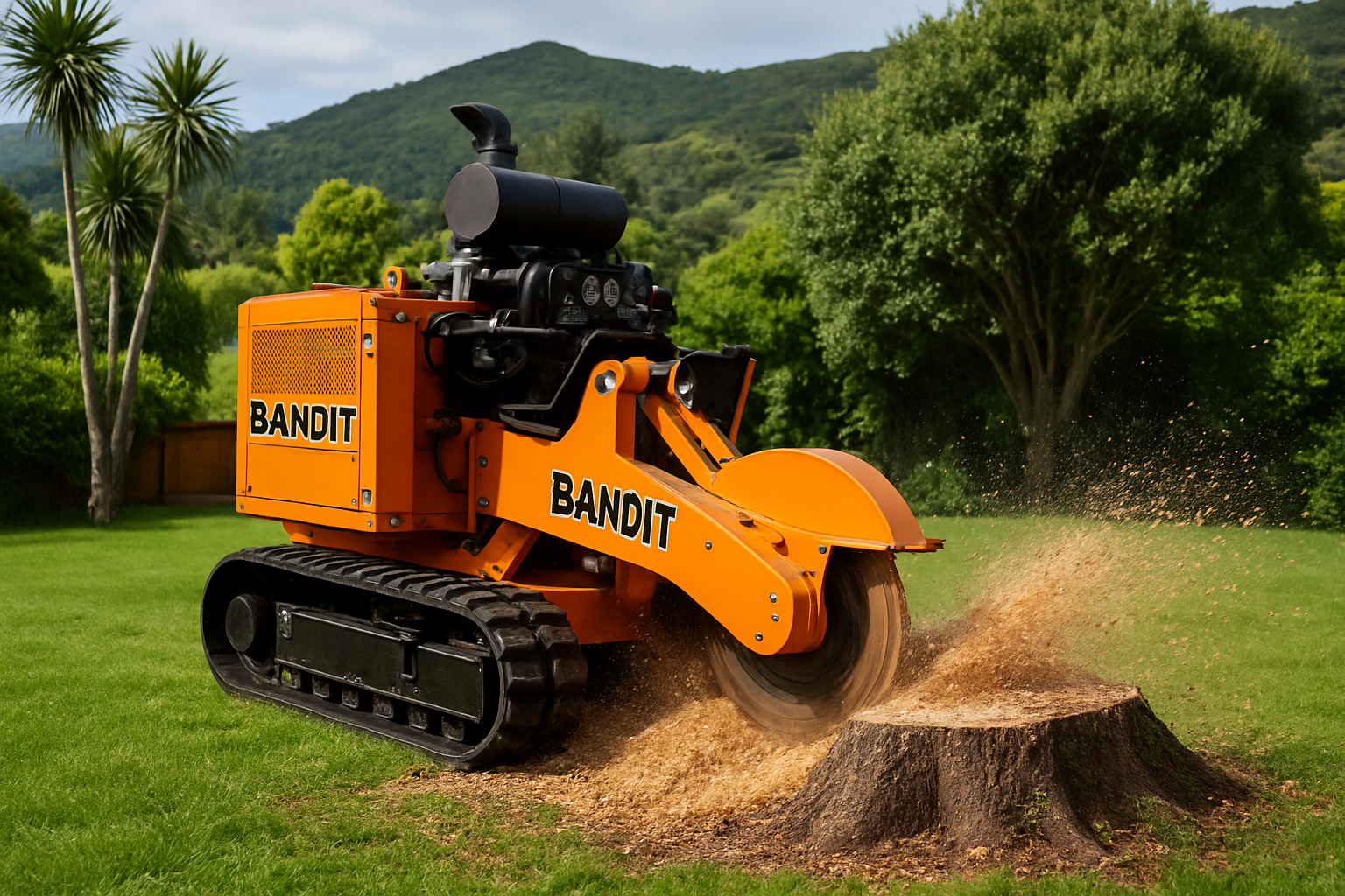 Professional Bandit stump grinding equipment in action removing large tree stump